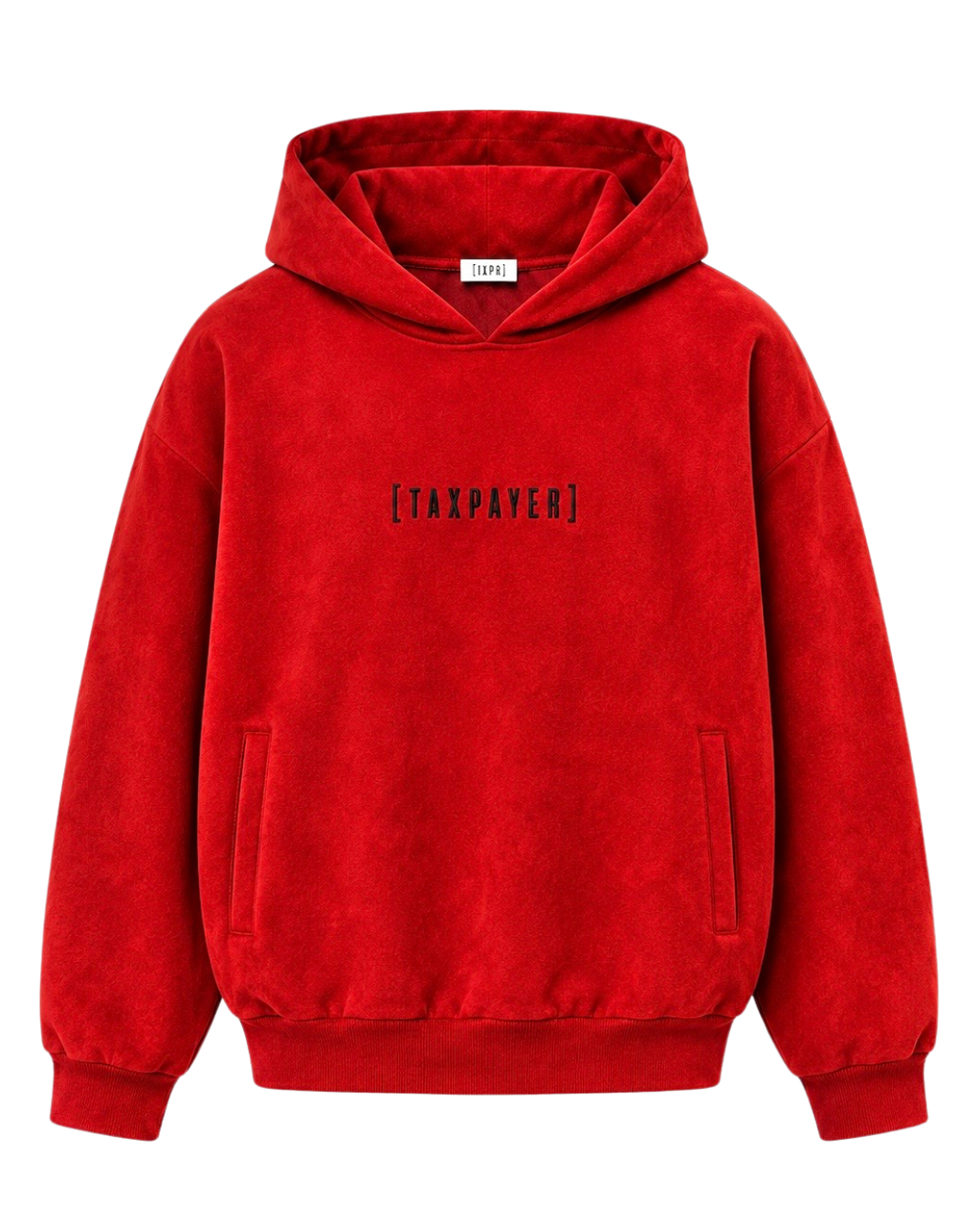 A bright red SUEDE pullover hoodie with a black printed text logo reading '[TAXPAYER]' on the chest, displayed against a solid white background.