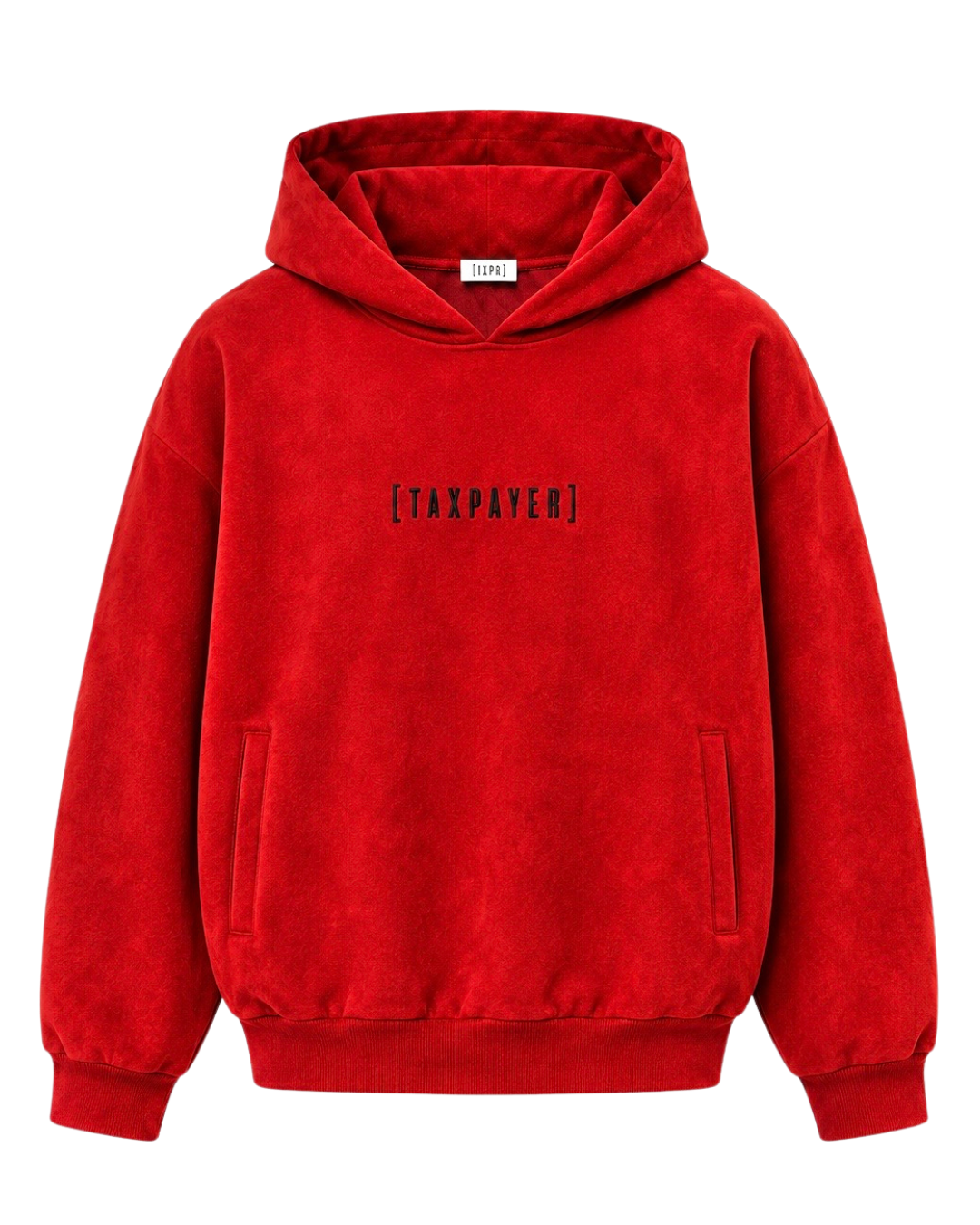A bright red SUEDE pullover hoodie with a black printed text logo reading '[TAXPAYER]' on the chest, displayed against a solid white background.