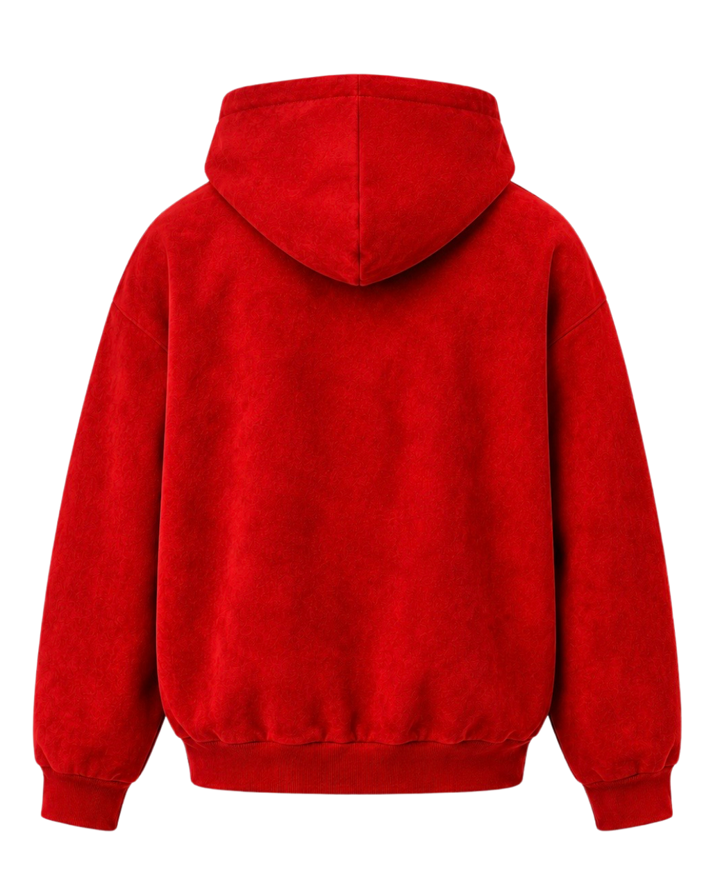 A bright TAXPAYER red SUEDE hooded sweatshirt shown from the back, featuring a textured fabric and ribbed cuffs and hem, isolated on a white background.