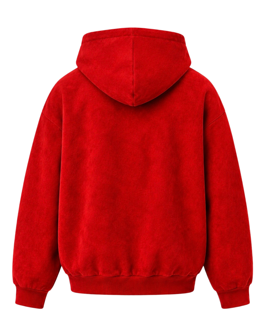 A bright TAXPAYER red SUEDE hooded sweatshirt shown from the back, featuring a textured fabric and ribbed cuffs and hem, isolated on a white background.